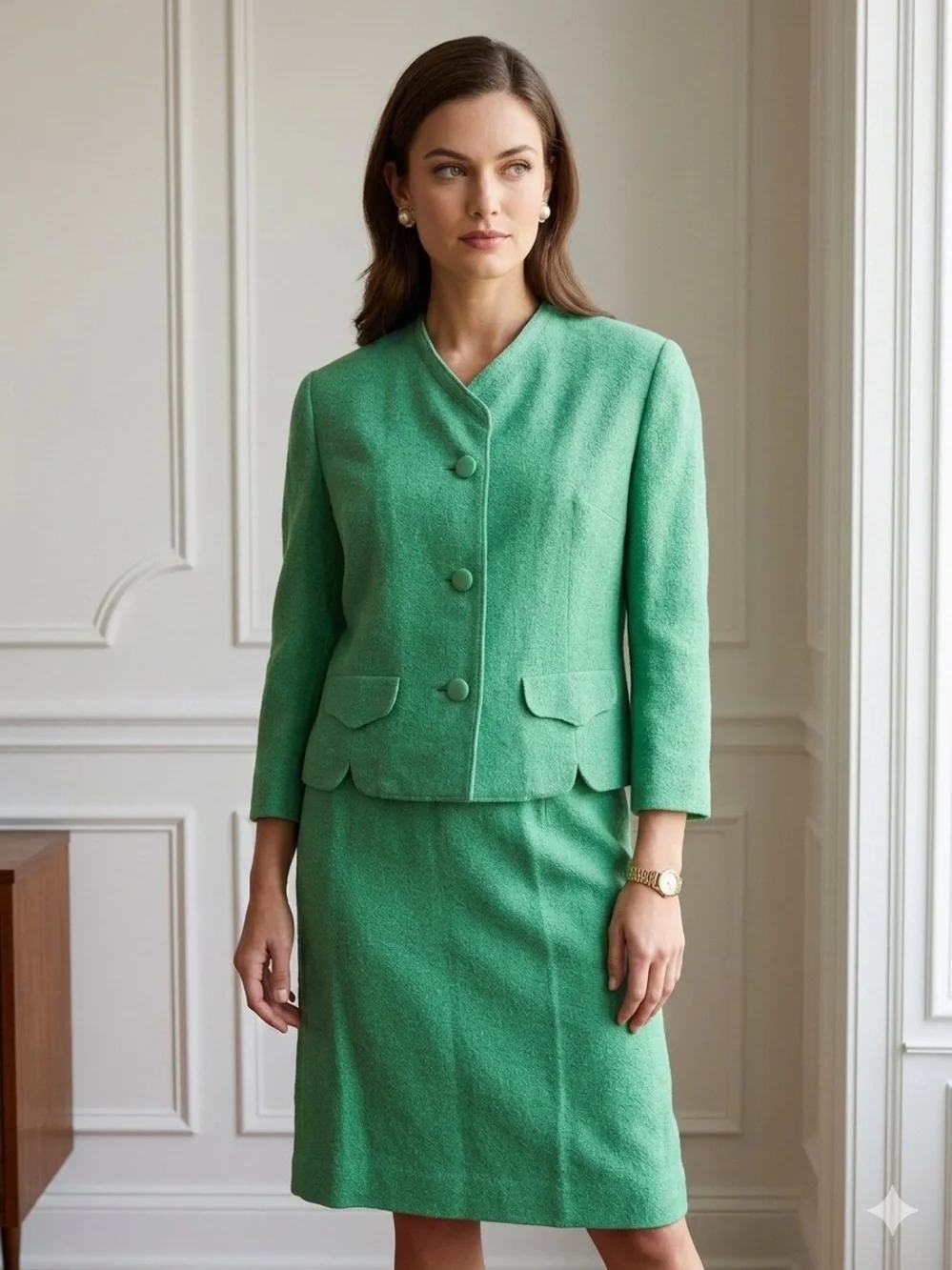 Tailorbrooke for Thalhimers vintage‎ 1960s bright green wool tweed skirt suit